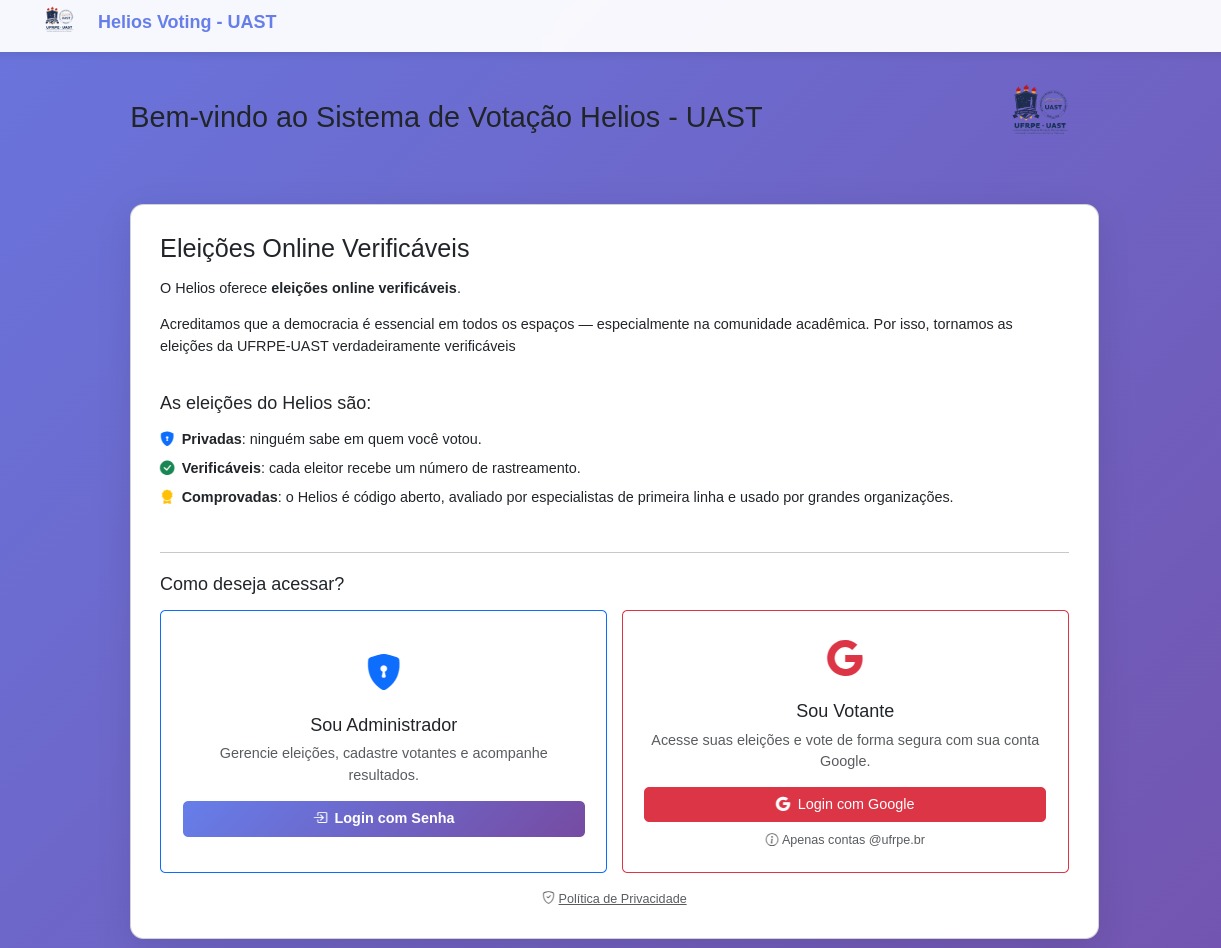 Tela inicial do sistema