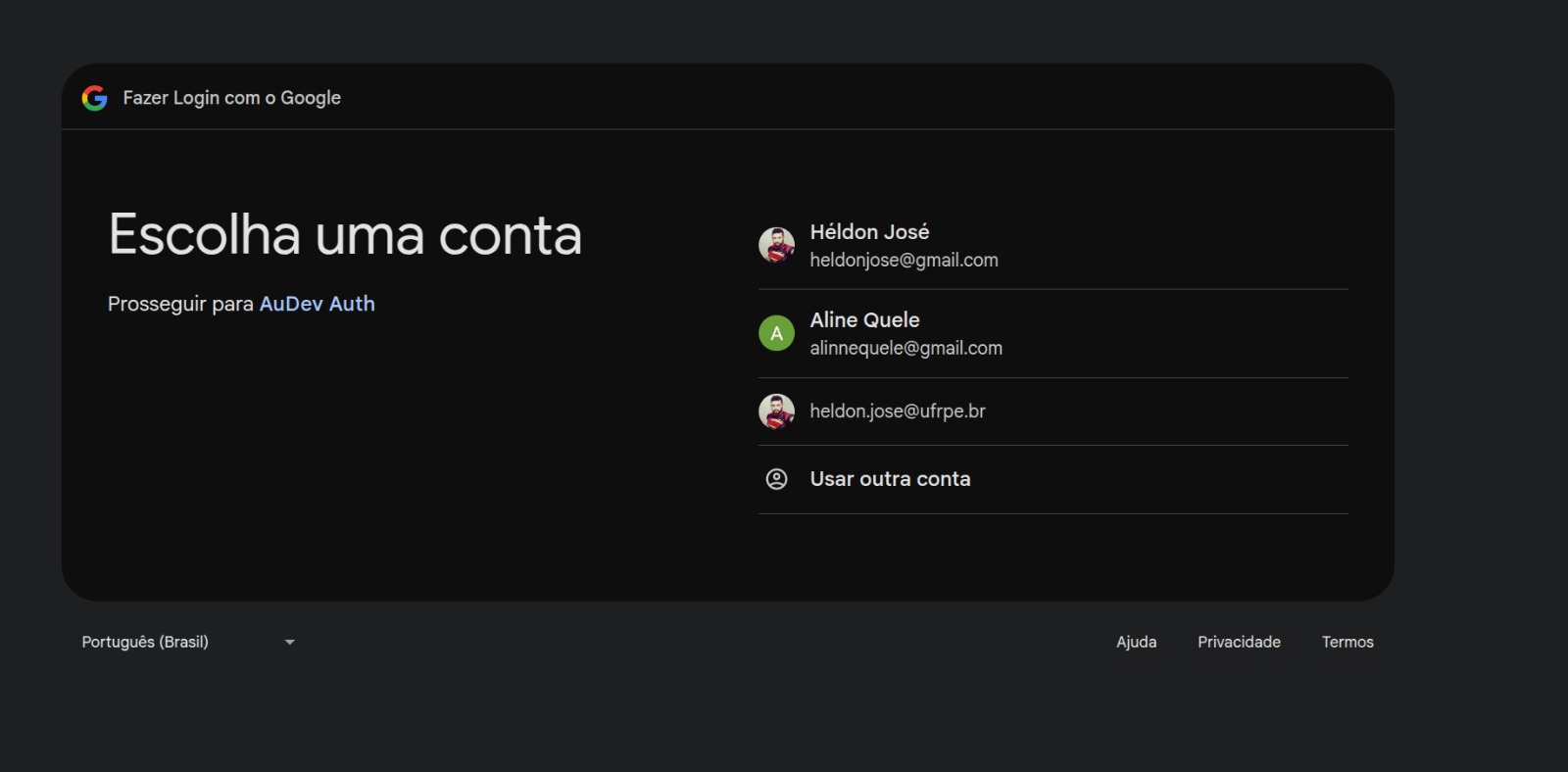 Tela de autenticação Google